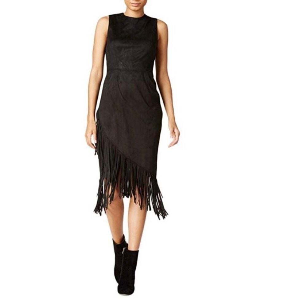 RACHEL Rachel Roy Black Faux Suede Asymmetric Fringe Dress